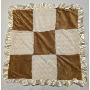 Miniville Layette Baby Blanket Brown Ivory White Squares Ruffle Satin Plush 28"